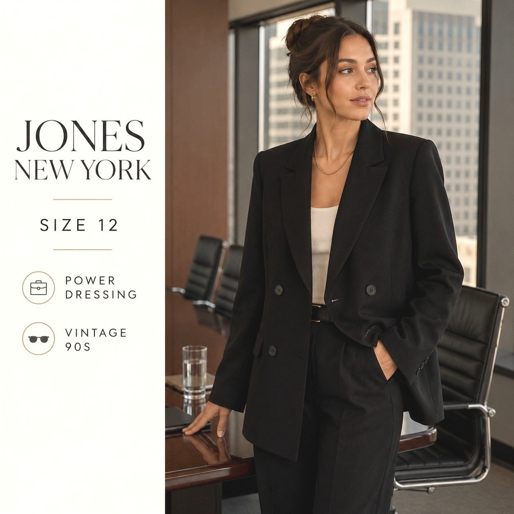 Jones New York Blazer Womens 12 Black Classic 90s Double Breasted Wool Corporate